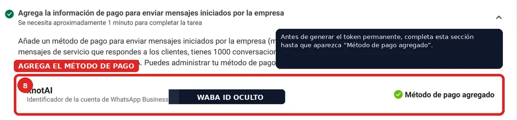 Sección «Agrega la información de pago para enviar mensajes iniciados por la empresa» de Meta, marcada como Método de pago agregado.
